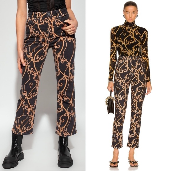 GANNI 90s Baroque Logo Print Denim High Rise Cropped Bootcut Flare Leg Jeans 26 - Picture 2 of 16